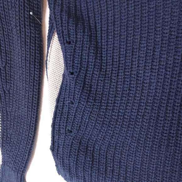 360 Sweater Knit V-Neck Sweater Womens Large Blue Light Tan Side Perforations - Picture 8 of 14